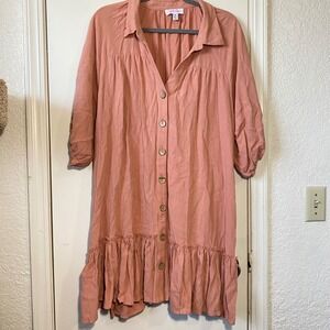 Jess Lea XL Dusty Rust Dress Button Front 3/4 Sleeve Ruffle Hem Casual